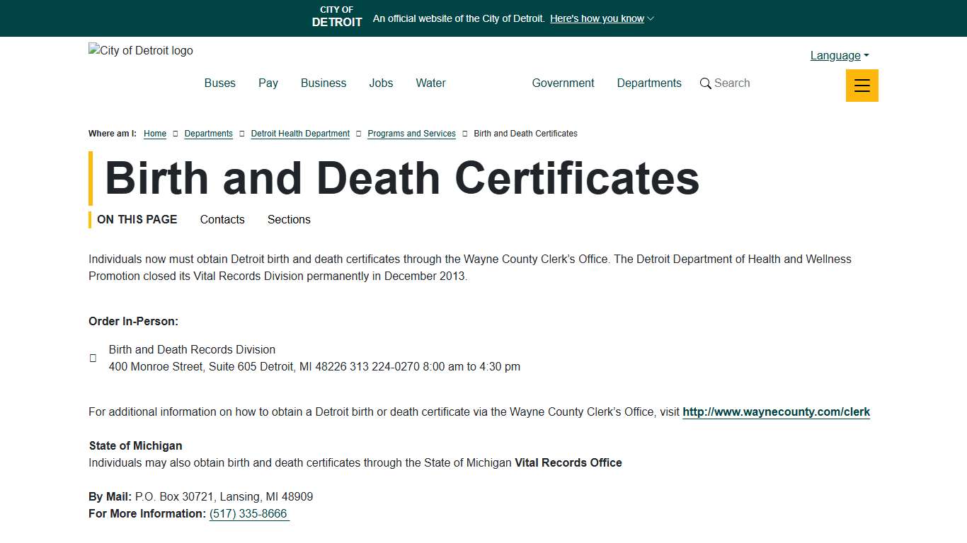 Birth and Death Certificates City of Detroit