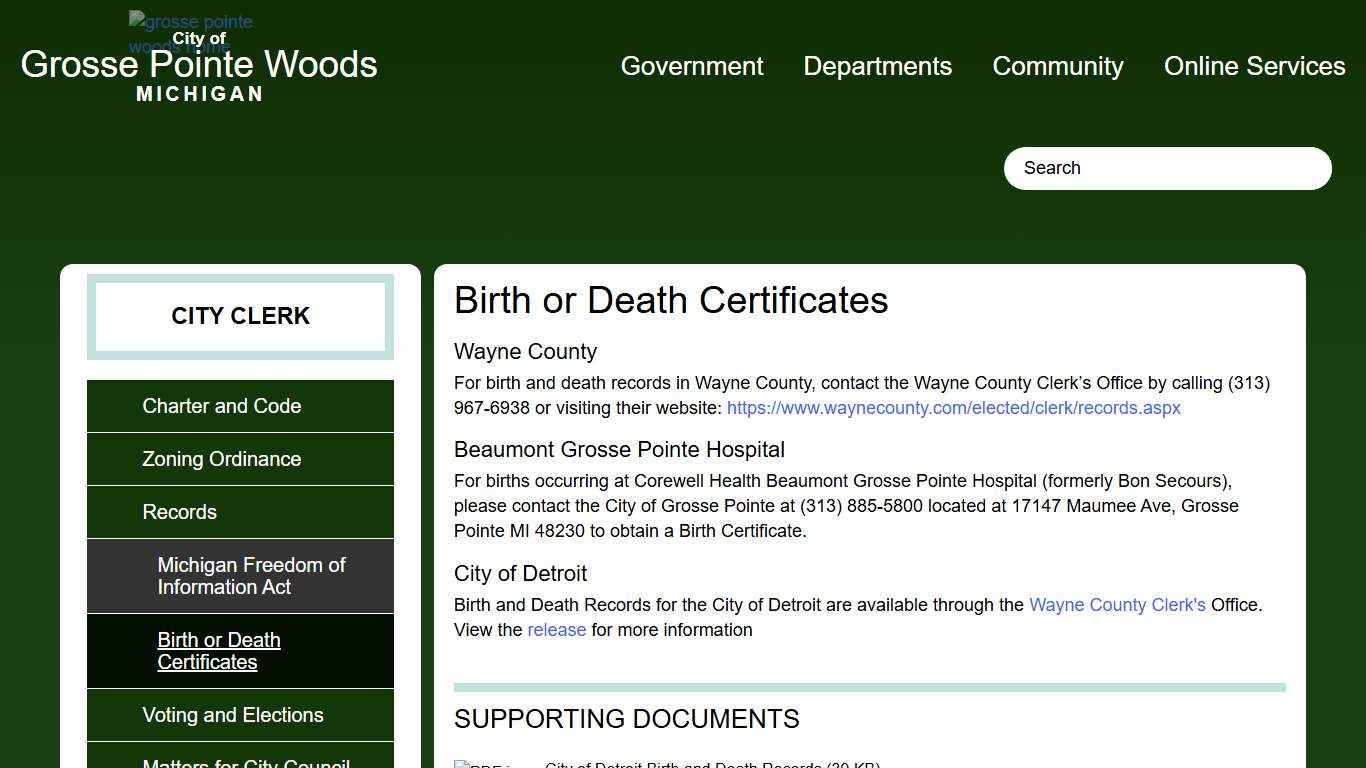 Birth or Death Certificates Grosse Pointe Woods Michigan